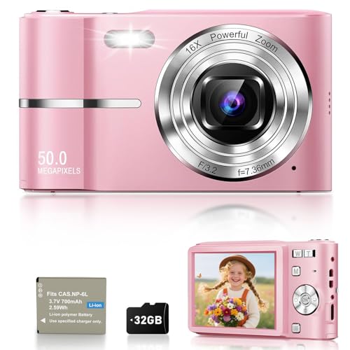 EJXHKNF Digital Camera, 1080P FHD Vlogging Camera 50MP Compact Portable Photo Camera with 2.4" Screen, 16X Digital Zoom Mini Small Pocket Camera for Kids Students with 1 Battery, 32GB Card (Pink)