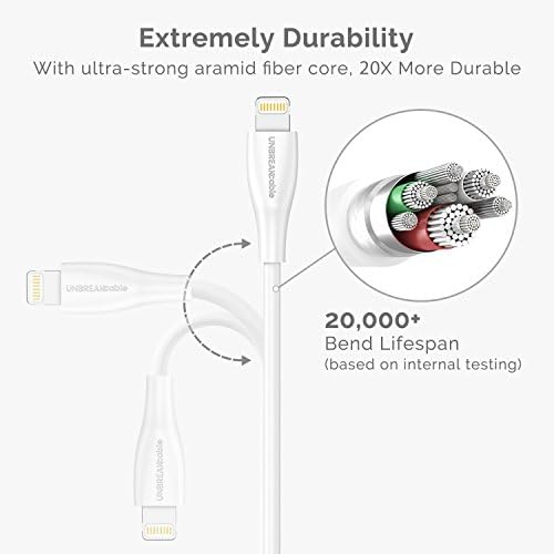UNBREAKcable 6.6ft/2M iPhone Charger Cable - [Apple MFi Certified] 2.4A iPhone Lightning Cable Sync and Charger Lead Compatible with iPhone 14 13 12 11 Pro Max XR XS X 8 7 SE 2022 iPad - White