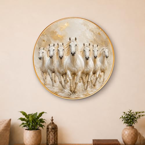 Image of PAINTINGMANTRA 7 Running White Horses Wall Art Painting with Frame for Living Room, Vastu Seven Horse Round Framed Painting for Home Office Bedroom, 23 Inch