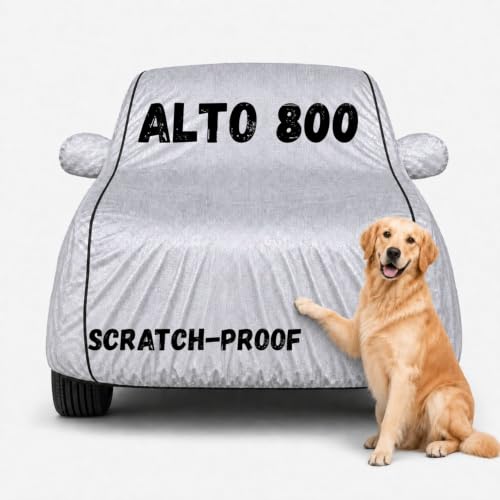 Image of 3 Layer Waterproof Car Body Cover for Alto 800 All Weather Protection Comes with Inner Cotton Lining & Triple Stitched with Mirror & Antenna Pocket Belt & Elastic Fit (Silver)