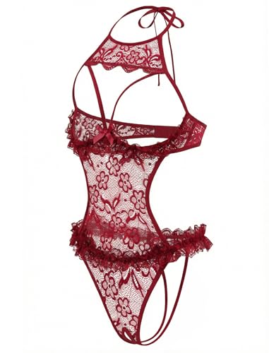 Avidlove Womens Lingerie One Piece Bodysuit Lace Teddy Lingerie for Women Burgundy S — view 3