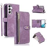 UEEBAI Wallet Case for Samsung Galaxy S24 5G, 9 Card Slots Retro Leather Wallet Shockproof Flip Cover with Hand Strap Card Slots Zipper Pocket Kickstand Handbag Magnetic Closure - Purple