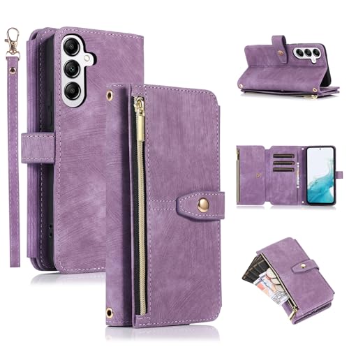 UEEBAI Wallet Case for Samsung Galaxy S24 Plus 5G, S24+ 9 Card Slots Retro Leather Wallet Shockproof Flip Cover with Hand Strap Card Slots Zipper Pocket Kickstand Handbag Magnetic Closure - Purple