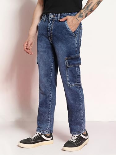 Image of Urbano Fashion Men's Regular Fit Washed Cargo Jeans with 6 Pockets Stretchable