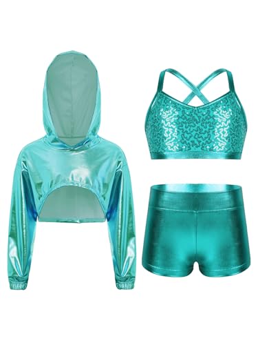 Aislor Kids Girls Long Sleeve Hoodie Bomber Jacket Sequins Hip Hop Jazz Ballet Dance Crop Tops Vest and Shorts Set