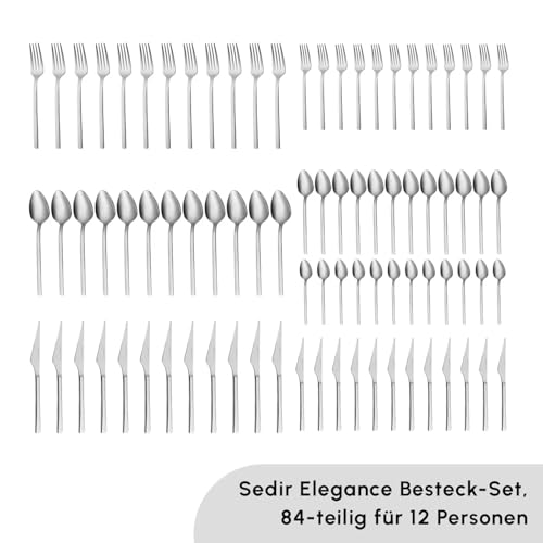 Karaca Sedir Elegance 84 Piece Silver Cutlery Set for 12 People - 18/10 Stainless Steel Knife Fork Spoon Set - Kitchen Silverware Knives and Forks Set