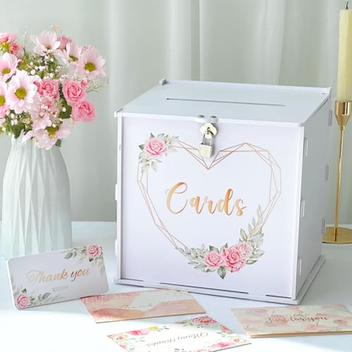 OurWarm Wedding Card Box with Lock, PVC Gift Card Box for Party with Slot, White Wedding Cards Boxes for Reception, Weddings Money Box Envelope Box for Birthday Baby Shower Bridal Graduation Decor