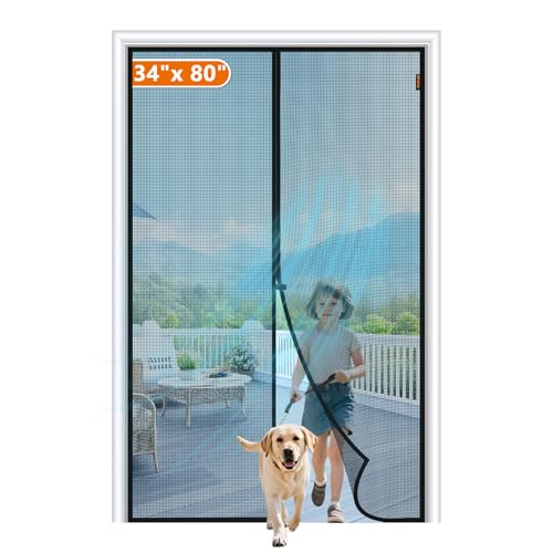 Image of MAGZO Magnetic Screen Door Fits Door Size 34 inchx 80 inch, Hands-Free Mesh Black | 36 inch x 81 inch Heavy Duty Door Screen Magnetic Closure & Windproof Fastener, Pet Friendly Dutch Screen Door Mesh