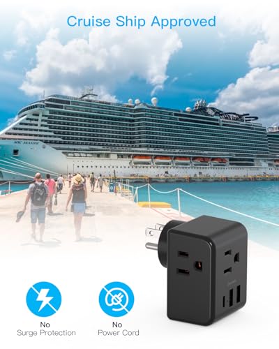 Multi Plug Outlet Extender, Power Strip Non Surge Protector Electric Outlet Splitter with 3 USB Wall Charger (1 USB C), Multiple Outlet Expander for Cruise, Dorm, Travel, Home, Black