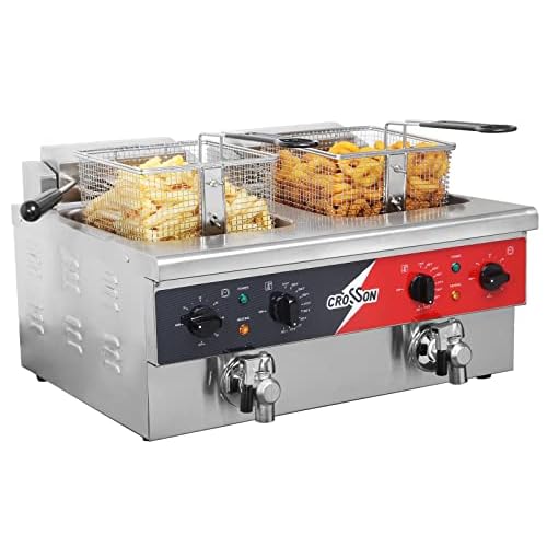 CROSSON 12L Dual Tank Countertop Electric Deep Fryer with Drain,Solid Basket and Lid for Restaurant and Home Use 120V,3600W Stainless Steel Commercial Deep Fryer (EF-6V-2)