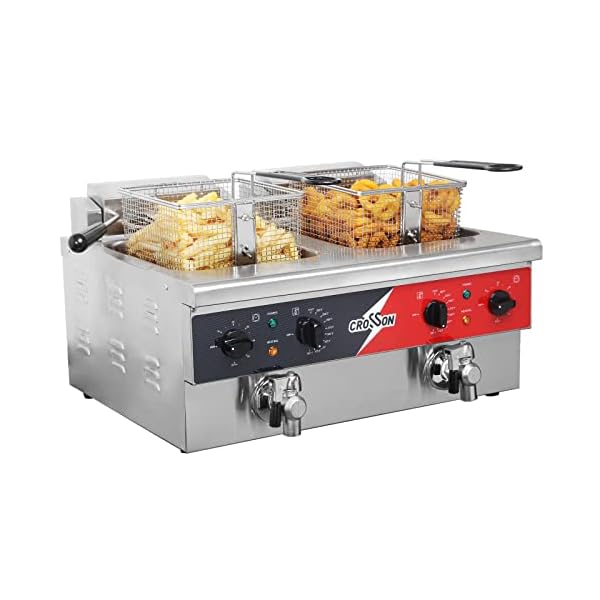 CROSSON 12L Dual Tank Countertop Electric Deep Fryer with Drain,Solid Basket and Lid for Restaurant and Home Use 120V,3600W Stainless Steel Commercial Deep Fryer (EF-6V-2)