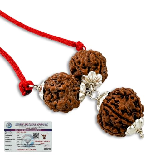Image of Siddha Mukhi Pure Rudraksha, Laboratory Certified, Carefully Capped with Silver Between Nepalese Beads With Handmade Tassel, Size 16mm-22mm, Color-Brown-Saraswati Rudraksha Kawach Silver (4+4+6)