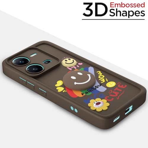 Image of Pikkme Back Cover for Vivo V25 5G | Soft Silicone| Cute Rainbow Smile & 3D Cartoon Flower Design | Shockproof Raised Camera Protection Bumper Case (Brown)