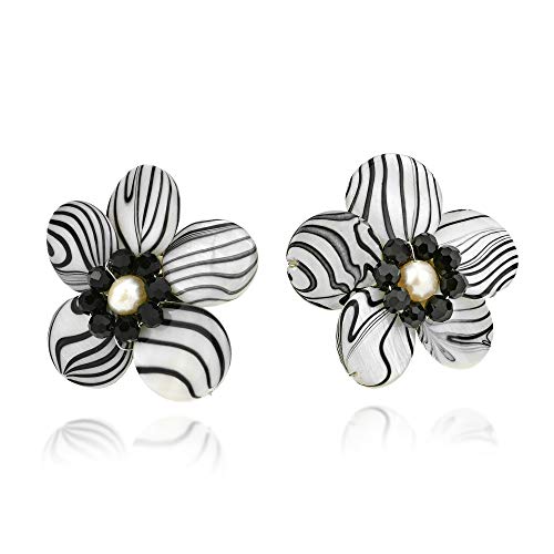 Aeravida Sweet Daisy White Zebra Painted Mother Of Pearl And Cultured Freshwater Pearls Clip On Earrings | Beach Accessories For Women | Floral Silver Earrings | Clip On Earrings #TOP1