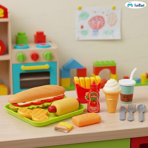 Image of FunBlast Food Play Set for Kids - 18 Pcs Fast Food Play Toys for Kids, Pretend Play Toys for Girls, Role Play Toys for Children, Burger Toy and French Fries Ice Cream Toys - Multicolor