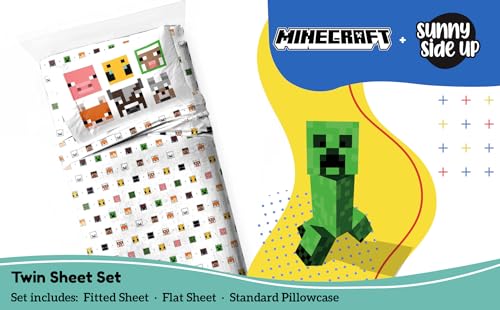 Image of Sunny Side Up Minecraft Creeper & Animals Twin Sheet Set - 3 Piece Kids Bedding Set Includes Pillow Cover - Super Soft Microfiber Sheets