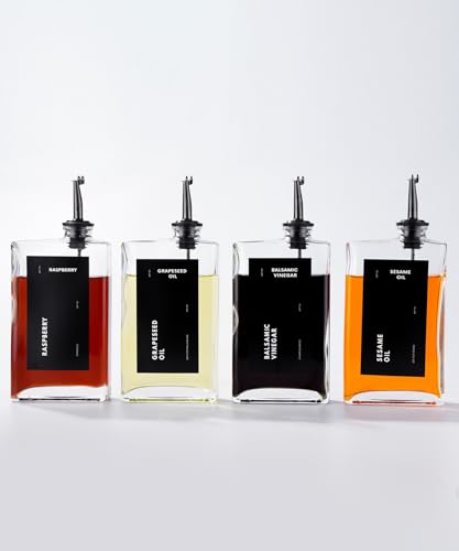 Olive oil dispenser set - 4 pcs, glass bottles with labels, black