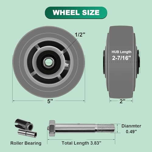 HANDSAMMU 5x2\"Heavy Duty Caster Wheels -Industrial Caster Wheels,Rubber Wheels- Set of 1 with up to 500 LB Capacity