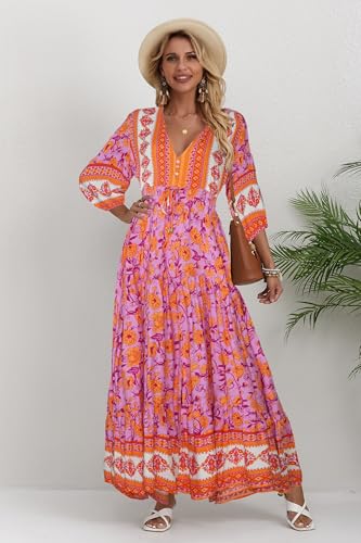 Image of Women Short Sleeve V Neck Floral Print Casual Bohemian Maxi Dresses