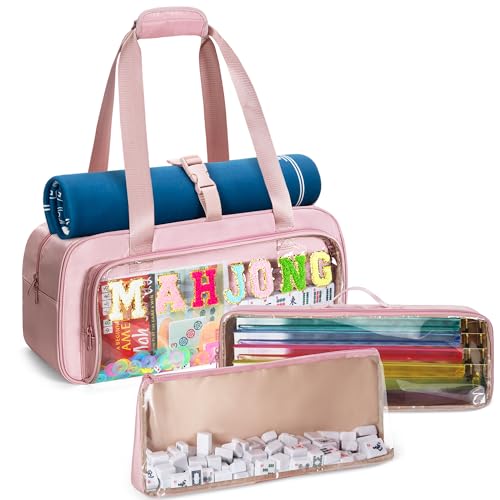 Yarwo 3 PCS Mahjong Bag Empty Clear American Mahjong Tile Set Bag with Game Mat Buckle and Sewn Chenille Letter Zippered Game Storage for Mahjong Tiles Racks & Pushers Pink (Case Only)
