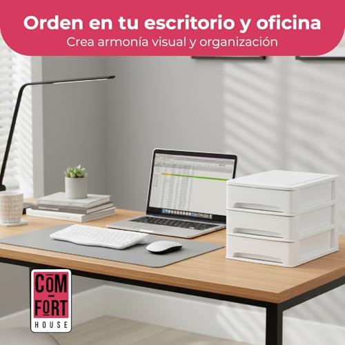 Miniatura 3 de Cajonera Plástico 3 Cajones Diseño Lineas Blanco - Organizador De Escritorio, Mini Cajonera Para Papeles Y Material De Oficina, Organizador De Documentos 355 X 265 X 265 Mm