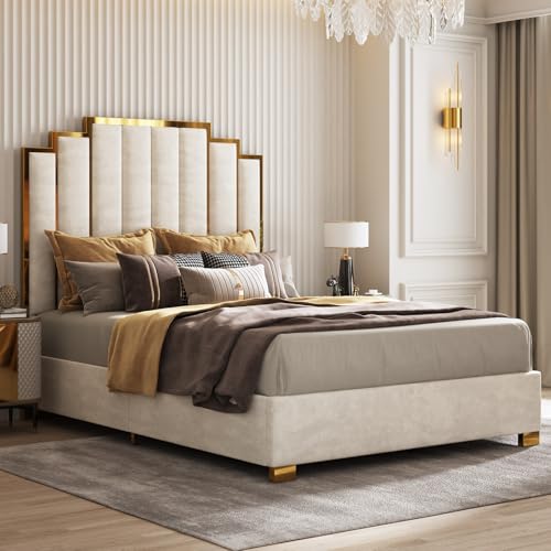 Image of AMERLIFE Queen Size Upholstered Bed, Modern Velvet Bed Frame with 61.4 inch Tall Gold Trim Headboard, No Box Spring Needed, Cream