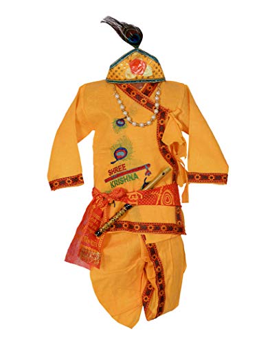 Ahhaaaa Khadi Krishna Dress Mor Pankh Handicraft Kurta with Dhoti Pant for Boys (Yellow,16)