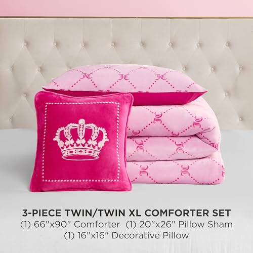 Image of Juicy Couture Plush Reversible Trellis Link 3-Piece Twin /Twin XL Comforter Set with Decorative Pillow, Pink