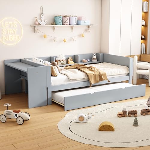 Kiefer Kinderbett Ausziehbett 90x200 mit Regale und Schreibtisch, Tagesbett Ausziehbar mit Lattenrost, Massivholz Gästebett Holzbett Sofabett,ohne Matratze (Grau)