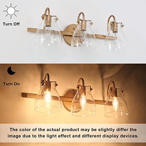 Image of KSANA Gold Bathroom Light Fixtures, 3-Light Modern Vanity Lights for Powder Room, Brass Bathroom Vanity Lights Over Mirror with Clear Glass Shade