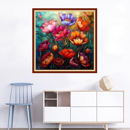 Image of Joyhoor Cross Stitch Kits for Beginners Stamped Cross-Stitch Supplies Needlework preprint Embroidery Kits for Adults DIY Needlepoint Kits Embroidery Patterns 11CT-Colorful Flowers 18x18 inchs
