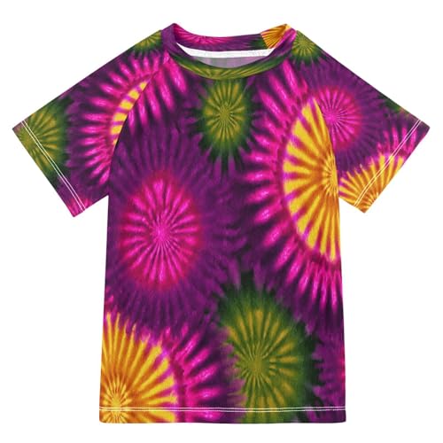 Boys Short Sleeve T-Shirts Tie-dye Ethnic Purple Rashguard Kids Swim Shirts Sun UPF 50+