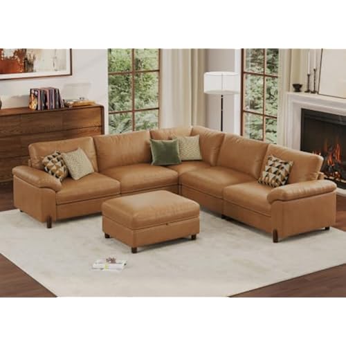 SITJOY Cloud Couch Sectional, 5 Seater V-Shaped Sofa, Faux Leather in Brown
