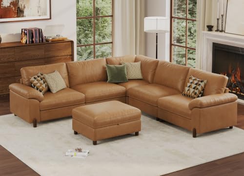 SITJOY Cloud Couch Sectional, 5 Seater V-Shaped Sofa, Faux Leather in Brown