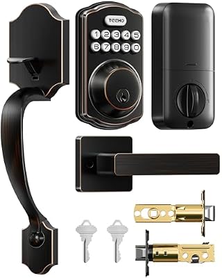TEEHO Keyless Entry Door Lock Deadbolt with Handle Set, Electronic Digital Smart Locks Set for Front Door with 2 Keys, Easy to Install Keypad Deadbolt, Auto Lock - Oil-Rubbed Bronze