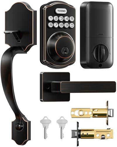 TEEHO TK001H Keyless Entry Door Lock with Handle Set, Electronic Deadbolt Keypad Door Lock with Code, Smart Locks for Front Door, Exterior Door Handle, Auto-Lock, Easy to Install, Oil-Rubbed Bronze