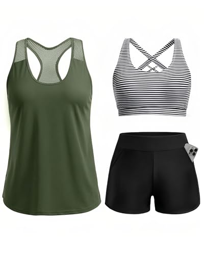 Women 3 Piece Tankini Swimsuit - Mesh Racerback Tank Top with Sports Bra and Pocketed Boyshorts Athletic Bathing Suits Green and Striped Medium
