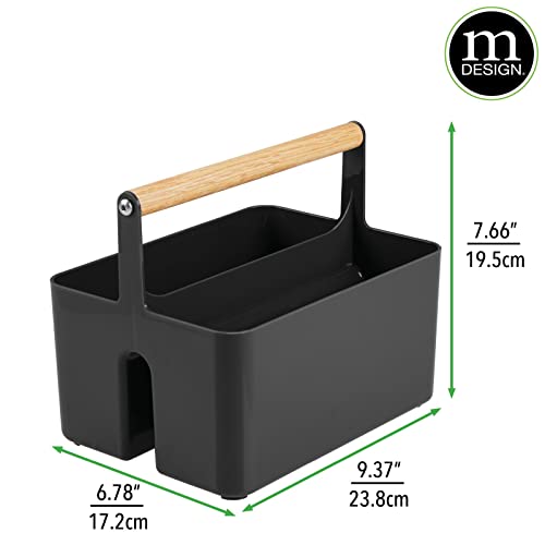 Mdesign Plastic Portable Shower Caddy Divided Basket Bin Storage Organizer With Wood Handle For Bathroom Vanity, Dorm Shelf & Cabinet - Holds Shampoo, Conditioner - Aura Collection - Black/Natural #TOP2