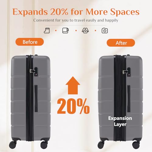 Image of Sweetcrispy 3 Piece Luggage Set, ABS Hard Shell Carry On Suitcase with Smooth Spinner Wheels and TSA Lock, Lightweight Rolling Travel Luggage 20 /24 /28 Inch for Travel Business Vacation, Dark Grey