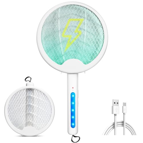 OZAVO Raqueta Matamoscas Electrica, 3000V, Recargable por USB Mata Mosquito Electrónico, 3 en 1 Flycatcher Apto, Mosquero eléctrico Plegable para Mosquitos y Moscas, Blanco