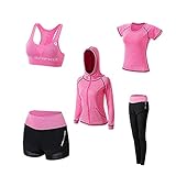 TinaDeer Damen Yoga Sportbekleidung Traingsanzug Kleidung Anzug 5er-Set Sportanzüge Jogginganzug Gym Fitness Kleidung Laufbekleidung Sportswear Sport Yoga Outfit Damen BH Leggings Set (Rosa B, M)