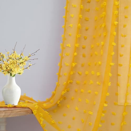 DANCURTON Pom Pom Mustard Yellow Sheer Curtains 63 Inch