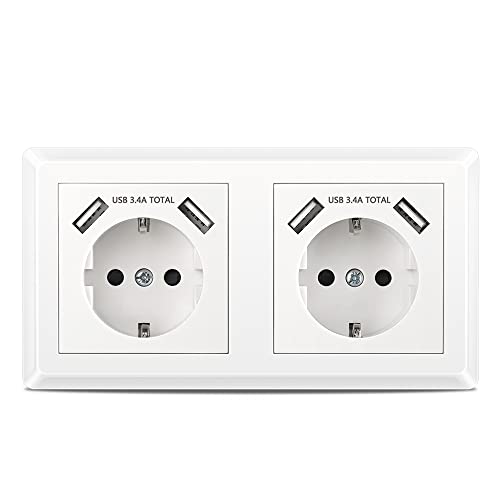 Kaifire Doppelsteckdose Mit USB Anschluss, Schuko Steckdose System 55 Reinweiß Komplett-Set inkl. Rahmen Unterputz Wandsteckdose Mit 4 USB Ladegerät für Smartphone Tablet MP3