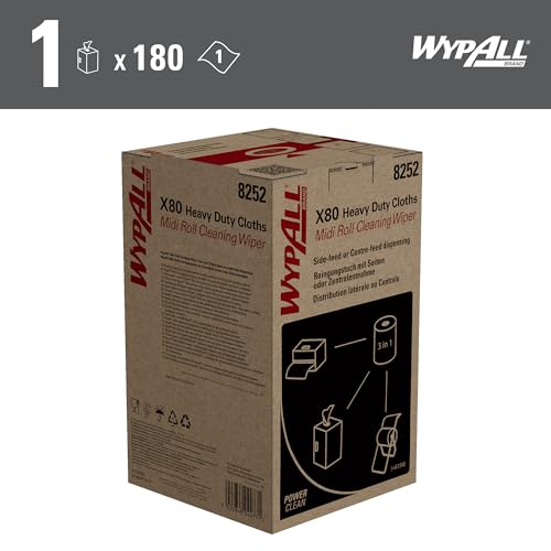 WypAll X80 Power Clean Reinigungstücher 8252, weiße Wischtücher für schwere Reinigungsaufgaben, 2-in-1 Midi-Rollenreinigungssystem, 1 Rolle x 180 Wischtücher