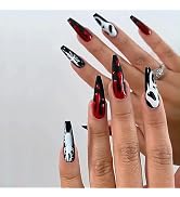 LANOVA Halloween Glossy Black Fake Nail with Blode Droplets,White Spider Web Scary Ghost Face Des...