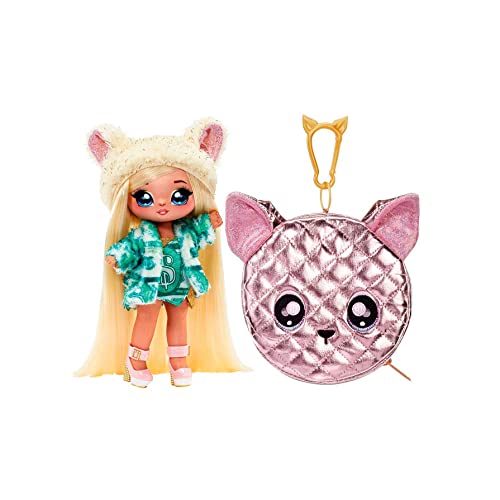 Na Na Na Surprise Muñeca de Moda 2 en 1 y Bolso metálico Serie Glam - Coleccionable - Muñeca Rubia con Vestido Verde y Gorra con Orejas y Bolso en Forma de Chihuahua - Victoria Grand