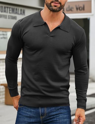 Mens Knit Polo Shirts Casual V Neck Slim Fit Polo Shirts Long Sleeve Wool Knit Pullover Sweater2