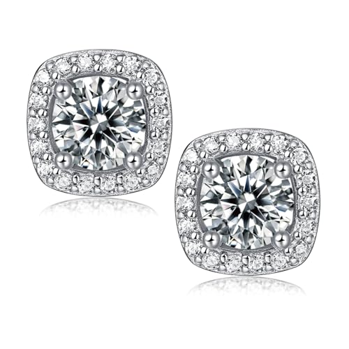 Ve Celestelle Moissanite Square Halo Stud Earrings 0.5-2CT D Color VVS1 Clarity Lab-Created 18K Gold Plated 925 Sterling Silver Hypoallergenic Earrings for Women Men Wedding Valentine’s Gift (White Gold, 2 carats-(1ct*2)-10mm)