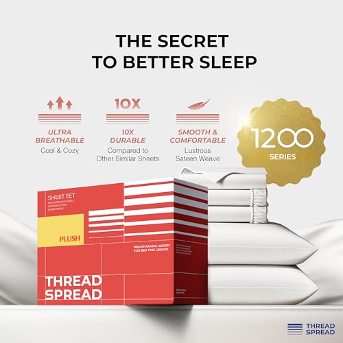 Image of THREAD SPREAD 100% Egyptian Cotton Split King Sheets Sets for Adjustable Bed - Luxury 1200 Series Plush Collection Split Top King Sheets (5 PC, White), Soft, Cooling, 17 inch Deep Pocket Sheet Set