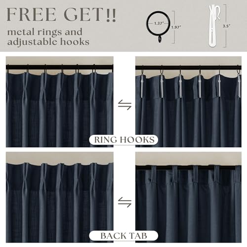 Image of Navy Short Linen Curtains 45 Inch Length 2 Panel Set for Small Windows Dark Blue Linen Cotton Light Filtering Drapes Privacy Pinch Pleated Back Tab Semi Sheer Kitchen Curtains 45 Inches Long